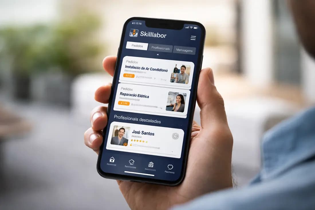Pessoa a segurar um telemóvel com a aplicação Skilllabor aberta